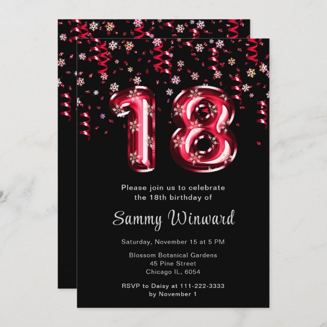 18th Birthday Red Balloons Snowflake Confetti Invitation (Front/Back)