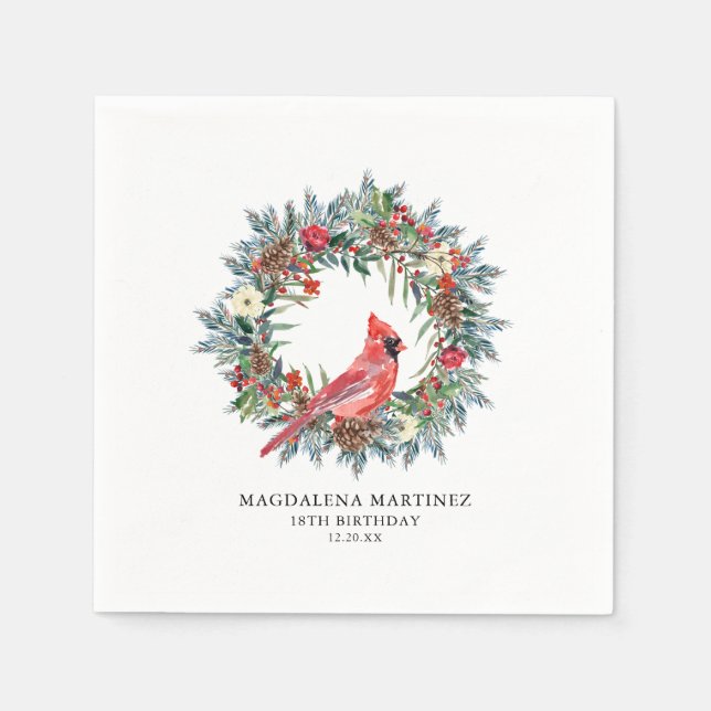 18th Birthday Red Cardinal Wreath Custom Cocktail Napkin (Front)