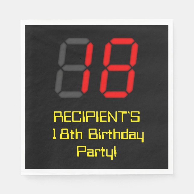 18th Birthday: Red Digital Clock Style "18" + Name Napkin (Front)