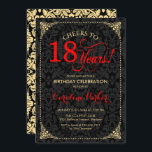 18th Birthday - Red Gold Black Damask Invitation<br><div class="desc">18th Birthday Invitation.
Elegant vintage black,  red and faux gold design with damask pattern. Features script font. Cheers to 18 years! Can be personalised into any age! Message me if you need further customisation.</div>