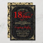 18th Birthday - Red Gold Black Damask Invitation<br><div class="desc">18th Birthday Invitation.
Elegant vintage black,  red and faux gold design with damask pattern. Features script font. Cheers to 18 years! Can be personalised into any age! Message me if you need further customisation.</div>