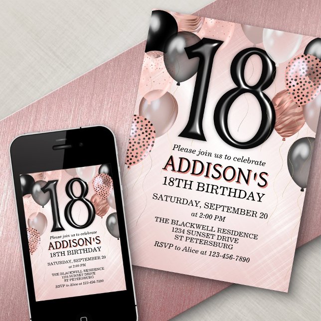 18th Birthday Rose Gold Balloons Invitation (Creator Uploaded)