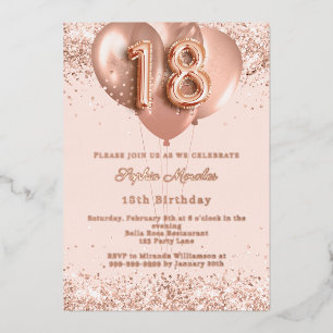 18th birthday rose gold balloons invitation