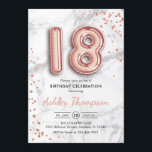 18th Birthday - Rose Gold Balloons Marble Effect Invitation<br><div class="desc">18th birthday party invitation. Elegant design in faux glitter rose gold with gray marble effect. Invite card features gold number 18 balloons and script font. Perfect for a stylish bday celebration. Message me if you need custom age.</div>