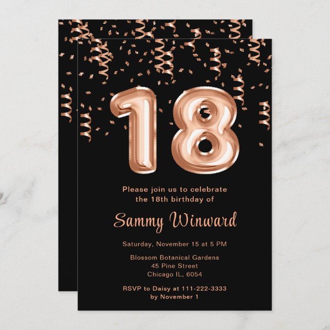 18th Birthday Rose Gold Balloons with Confetti Invitation (Front/Back)
