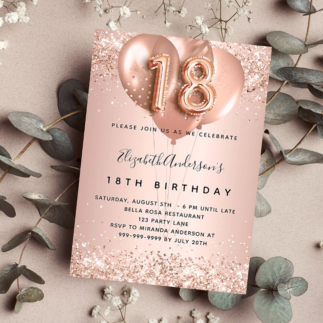 18th birthday rose gold blush balloons luxury invitation (Creator Uploaded)
