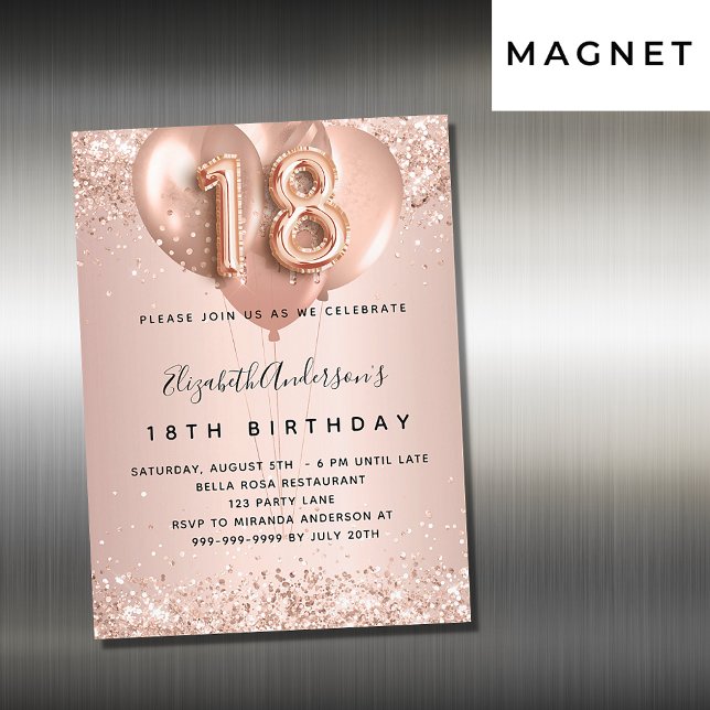 18th birthday rose gold blush balloons luxury magnetic invitation (Creator Uploaded)