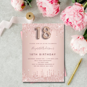 18th Birthday rose gold blush glitter drips Invitation