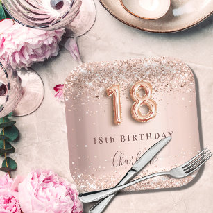 18th birthday rose gold blush glitter name paper plate