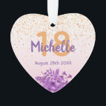 18th birthday rose gold confetti purple flowers ornament<br><div class="desc">Glamourous with elegant and modern rose gold,  blush pink gradient backdrop for a 18th birthday. With ultra violet and purple coloured watercolored flowers and golden confetti rain. Templates for name,  age 18 and date,  purple and golden coloured letters.  Perfect as a birthday gift,  party decoration or keepsake.</div>