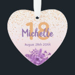 18th birthday rose gold confetti purple flowers ornament<br><div class="desc">Glamourous with elegant and modern rose gold,  blush pink gradient backdrop for a 18th birthday. With ultra violet and purple coloured watercolored flowers and golden confetti rain. Templates for name,  age 18 and date,  purple and golden coloured letters.  Perfect as a birthday gift,  party decoration or keepsake.</div>