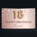 18th birthday rose gold diamonds balloon script banner<br><div class="desc">Elegant, classic, glamourous and girly for a 18th birthday party. Rose gold and blush pink, gradient background. Decorated with rose gold faux diamonds. Personalise and add a name. With the text: Happy Birthday. The name is written with a modern dark rose coloured hand lettered style script. Number 18 is written...</div>