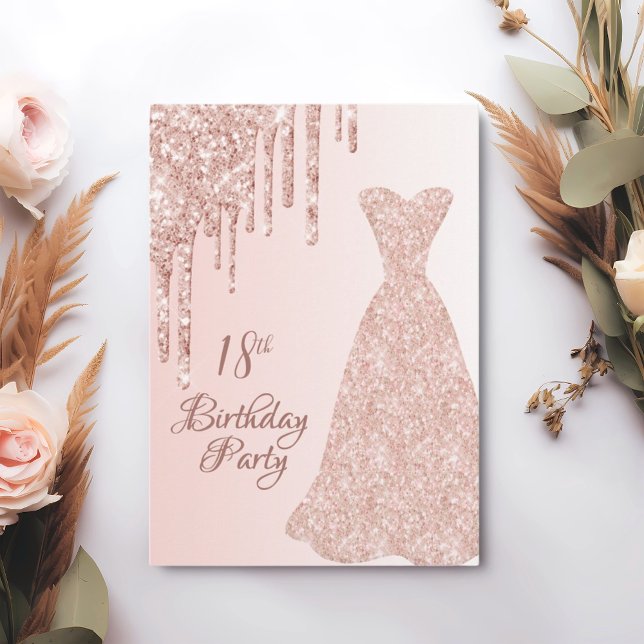 18th birthday rose gold dress glitter drip invitation (Creator Uploaded)