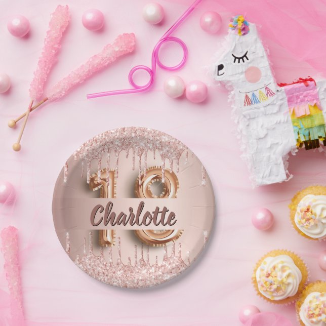 18th birthday rose gold drips name paper plate (Party)