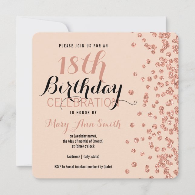 18th Birthday Rose Gold Faux Glitter Confetti Invitation (Front)