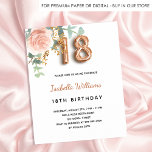 18th birthday rose gold floral budget invitation flyer<br><div class="desc">Please note that this invitation is on flyer paper and very thin. Envelopes are not included. For thicker invitations (same design) please visit our store. An elegant invitation for a 18th birthday party. A chic white background. Decorated with a rose gold and blush pink watercolored rose flower, floral, green eucalyptus...</div>
