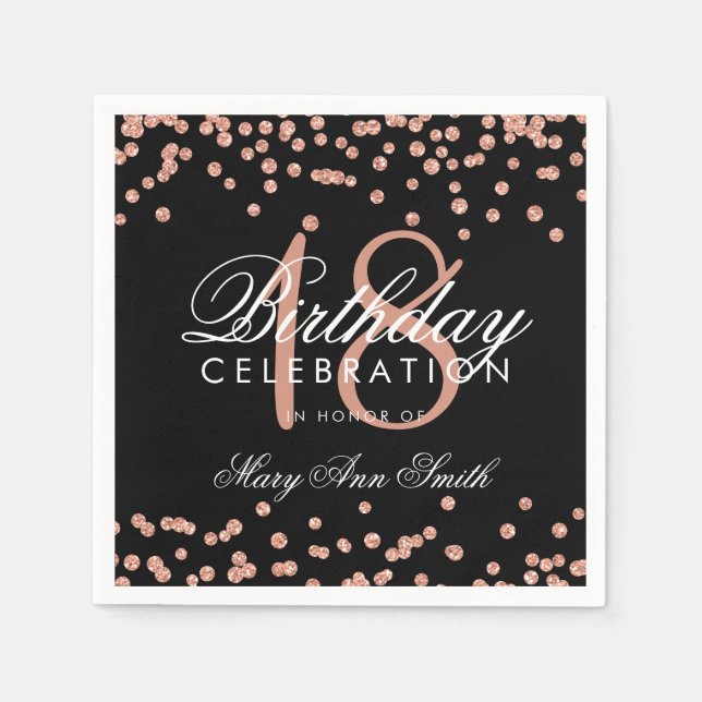 18th Birthday Rose Gold Glitter Confetti Black Napkin (Front)