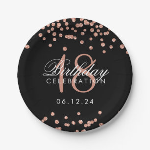 18th Birthday Rose Gold Glitter Confetti Black Paper Plate