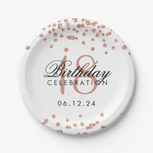 18th Birthday Rose Gold Glitter Confetti White Paper Plate