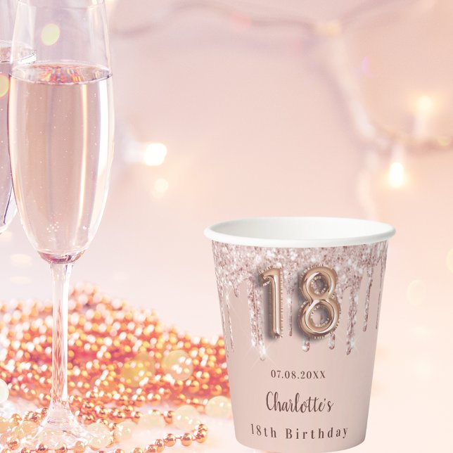 18th birthday rose gold glitter drips monogram paper cups (Creator Uploaded)