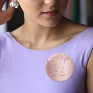 18th birthday rose gold glitter drips name 3 cm round badge