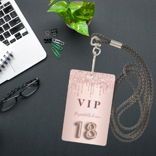 18th birthday rose gold glitter drips pink glam ID badge