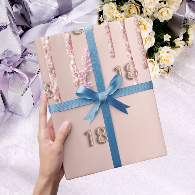18th Birthday rose gold glitter drips pink Wrapping Paper (Creator Uploaded)