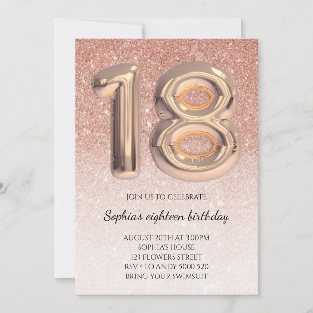 18th Birthday Rose Gold Glitter Foil Balloon Teen Invitation (Front)