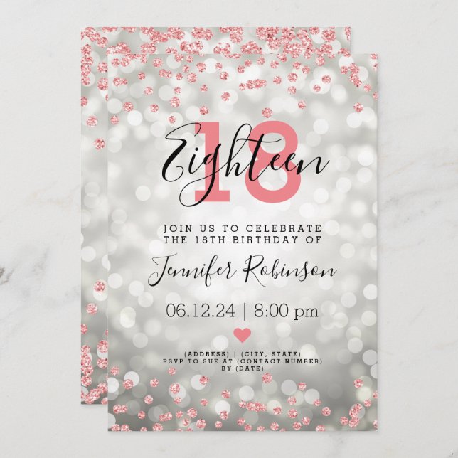 18th Birthday Rose Gold Glitter Lights Silver Invitation (Front/Back)