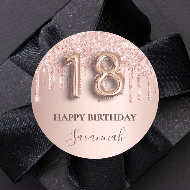 18th birthday rose gold glitter pink balloon style classic round sticker (Creator Uploaded)