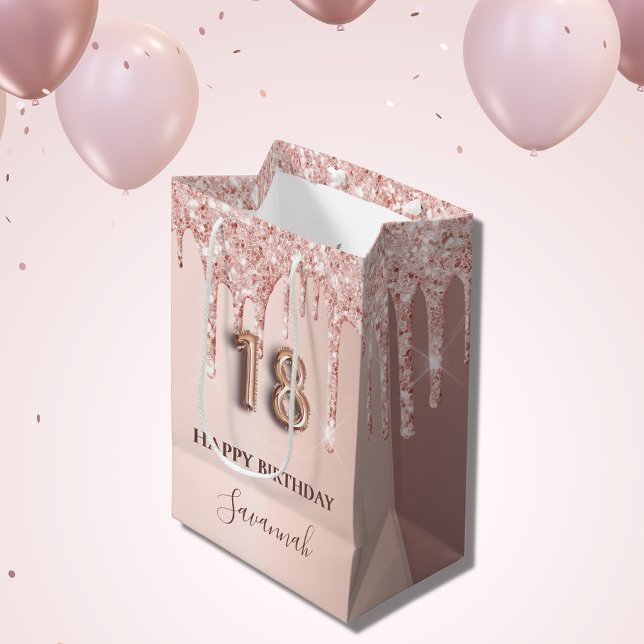 18th birthday rose gold glitter pink balloon style medium gift bag (Creator Uploaded)
