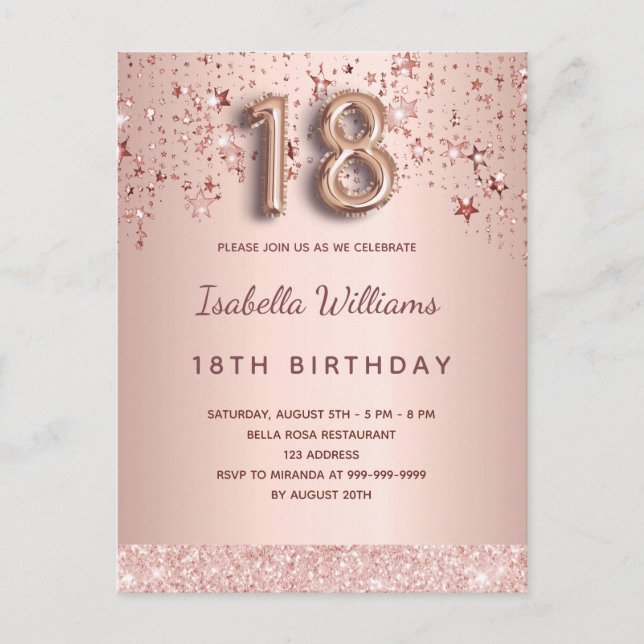 18th birthday rose gold pink balloon script stars postcard (Front)