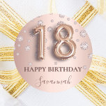 18th birthday rose gold pink diamonds classic round sticker<br><div class="desc">Elegant, classic, glamourous and girly for a 18th birthday party. Rose gold and blush pink, gradient background. Decorated with pink sparkling diamonds. Personalise and add a name. With the text: Happy Birthday plus the birthday girls name. The name is written with a modern dark rose coloured hand lettered style script....</div>