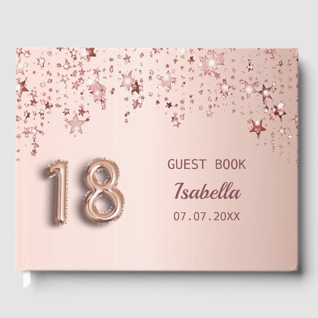 18th birthday rose gold stars pink balloon font guest book (Front)