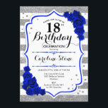 18th Birthday - Royal Blue Silver White Stripes Invitation<br><div class="desc">18th Birthday Invitation.
Elegant design in faux glitter silver,  white and royal blue. Features stylish script fort,  stripes and blue roses. Perfect for an elegant birthday party. Can be customised into any age.</div>