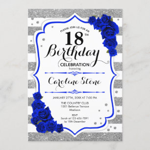 18th Birthday - Royal Blue Silver White Stripes Invitation