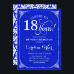 18th Birthday - Royal Blue White Damask Invitation<br><div class="desc">18th Birthday Invitation.
Elegant vintage royal blue and white design with damask pattern. Features script font. Cheers to 18 years! Can be personalised into any age! Message me if you need further customisation.</div>