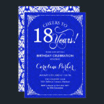 18th Birthday - Royal Blue White Damask Invitation<br><div class="desc">18th Birthday Invitation.
Elegant vintage royal blue and white design with damask pattern. Features script font. Cheers to 18 years! Can be personalised into any age! Message me if you need further customisation.</div>