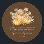 18th Birthday Rustic Pumpkin Fall Thank You Favour Classic Round Sticker<br><div class="desc">Elegant watercolor orange pumpkins are nestled in a variety of fall foliage and flowers. A dark,  rich brown background frames it to perfection. Perfect for an autumn celebration.</div>