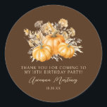 18th Birthday Rustic Pumpkin Fall Thank You Favour Classic Round Sticker<br><div class="desc">Elegant watercolor orange pumpkins are nestled in a variety of fall foliage and flowers. A dark,  rich brown background frames it to perfection. Perfect for an autumn celebration.</div>