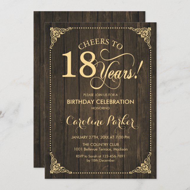 18th Birthday - Rustic Wood Gold Invitation (Front/Back)