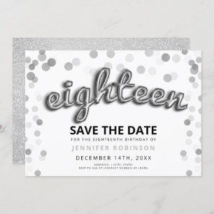 18th Birthday Save The Date Silver Balloon Glitter Invitation