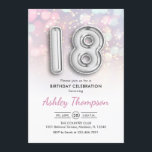 18th Birthday - Silver Balloons Pink Lights Invitation<br><div class="desc">18th birthday party invitation. Elegant design in faux glitter silver with pastel pink and purple lights. Invite card features silver number 18 balloons and script font. Perfect for a stylish bday celebration. Message me if you need custom age.</div>