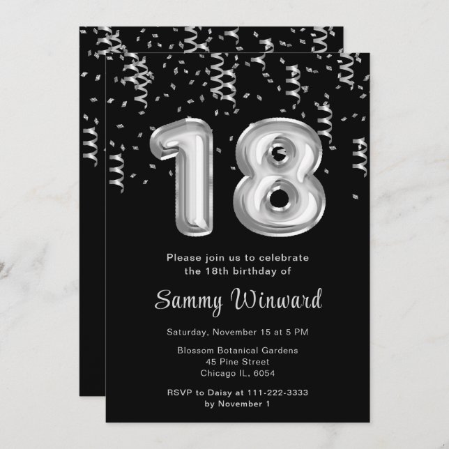 18th Birthday Silver Balloons with Confetti Invitation (Front/Back)