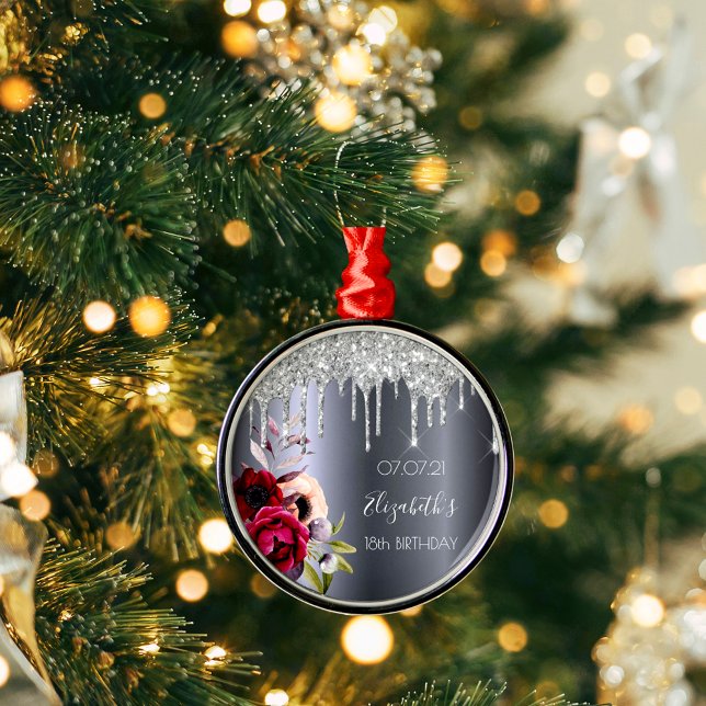 18th birthday silver glitter drips floral burgundy metal tree decoration (Creator Uploaded)