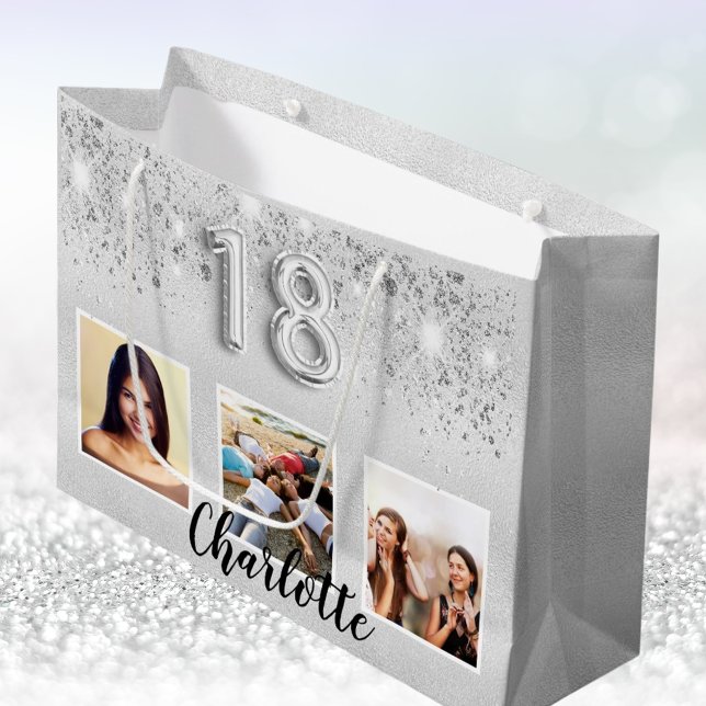 18th birthday silver glitter photo name large gift bag (Creator Uploaded)