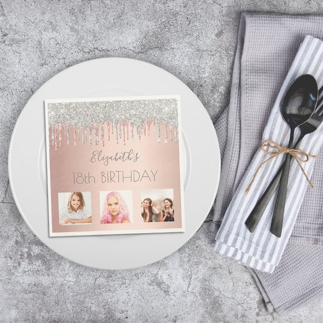 18th birthday silver glitter rose gold blush photo napkin (Creator Uploaded)