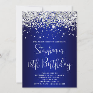 18th Birthday Silver Glitter Royal Blue Navy Ombre Invitation