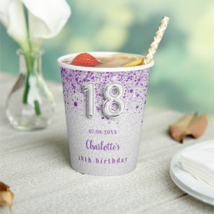 18th birthday silver lavender glitter paper cups