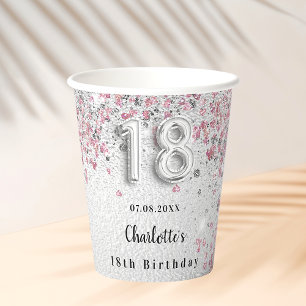 18th birthday silver pink glitter dust monogram paper cups